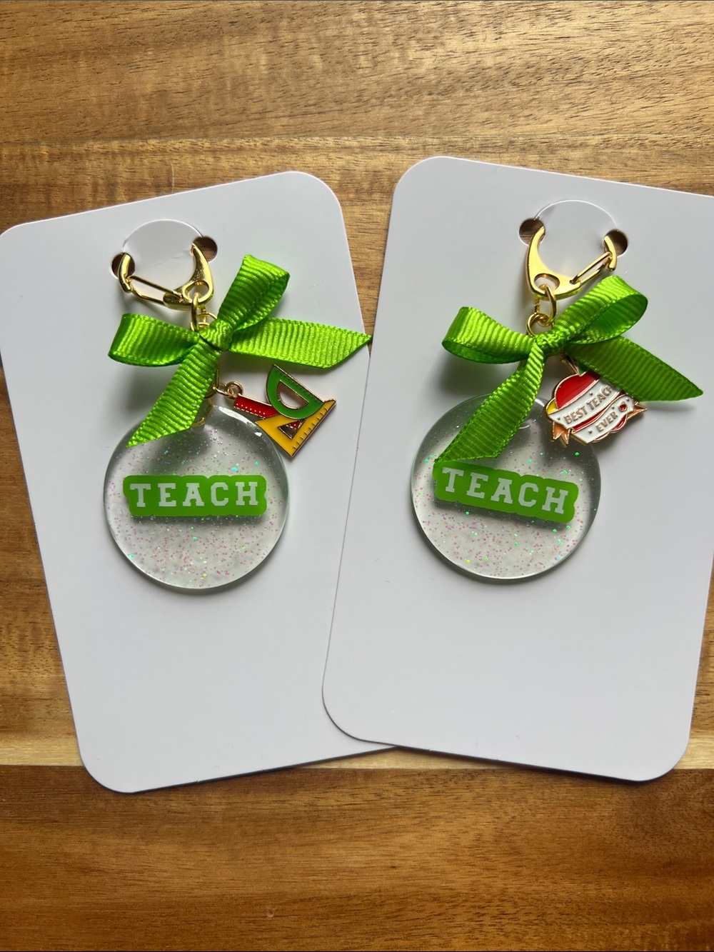 Green "TEACH" Teacher Keychain Charm with Bow